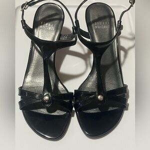 Stuart Weitzman Black Strappy Patent Leather Sandals Heels, Sz 7M